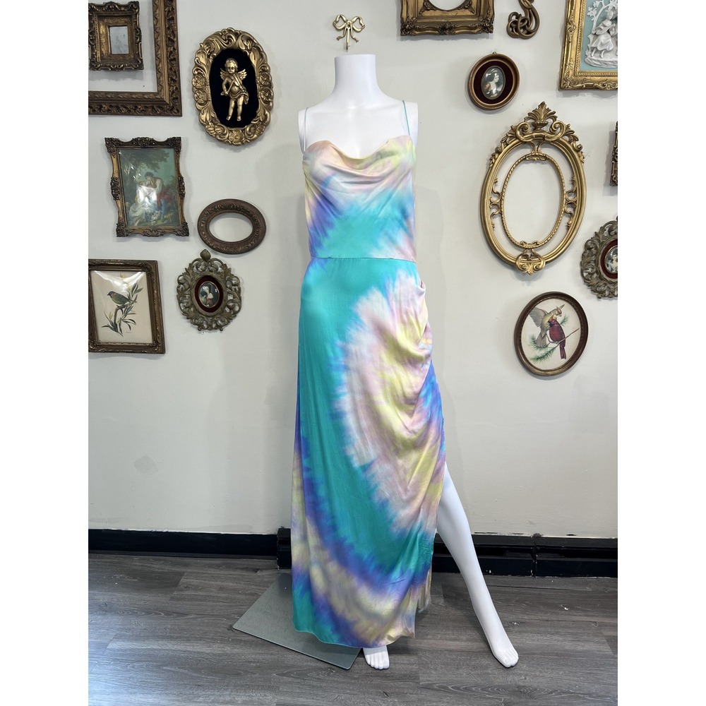Retrofête Pastel Tie Dye Silk Blend Cowl Neck Maxi Slip Dress Thigh Slit Medium